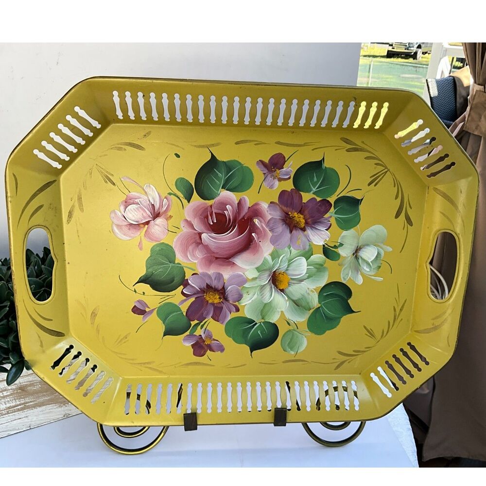 Absolute best!  Shabby Cottagecore vintage tole tray; yellow toleware rare!